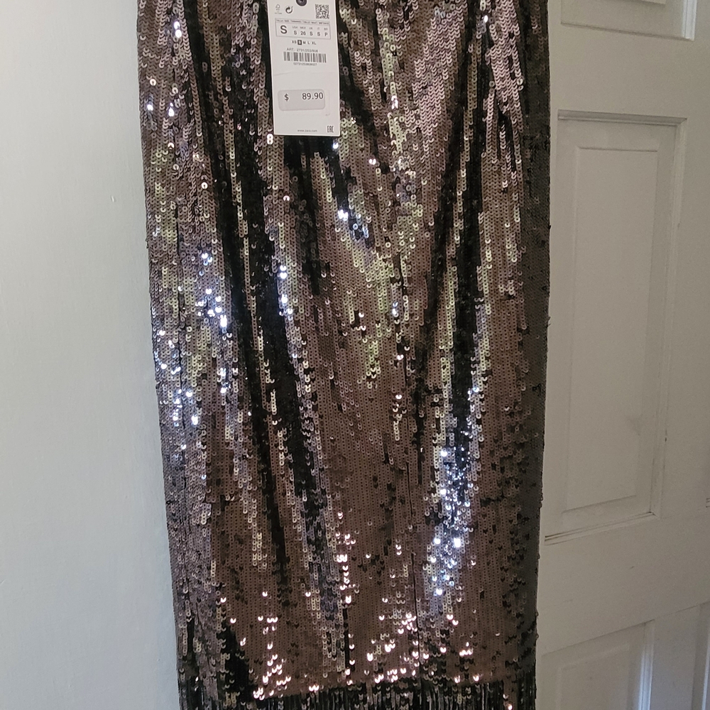 Sequin Midi Skirt - Black and Silver